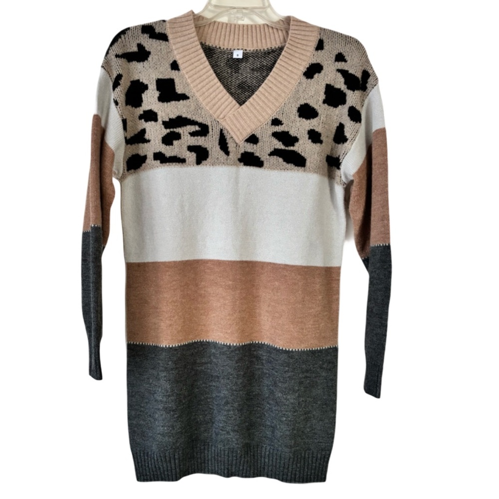 Color Block Sweater Dress, Sz. S, Tan/Off-White/Gray & Animal Print, V Neck